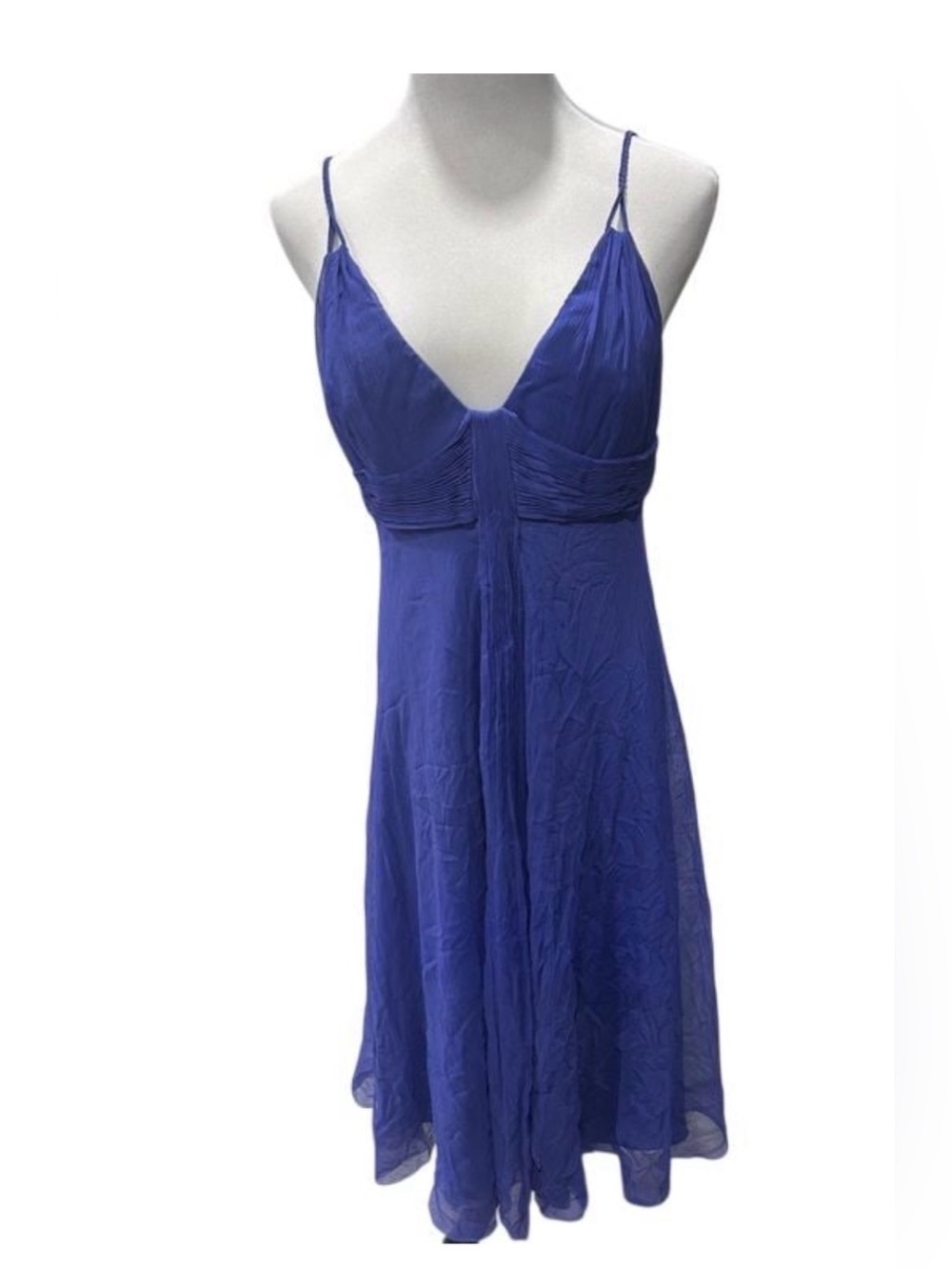 Elie Tahari Women Blue Silk Pleated Spaghetti Strap Midi Dress Size 12 100% Silk
